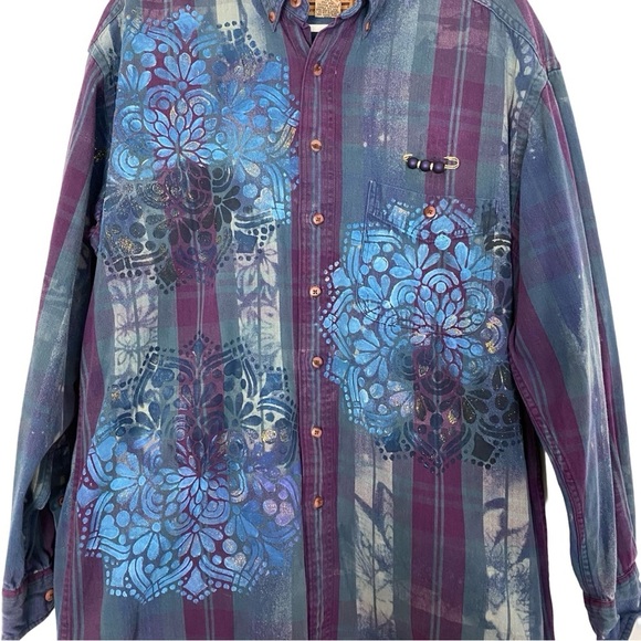 Upcycled Denim Shirt Shacket Womens Size Large Hand Painted Floral Striped Blue - Picture 4 of 14